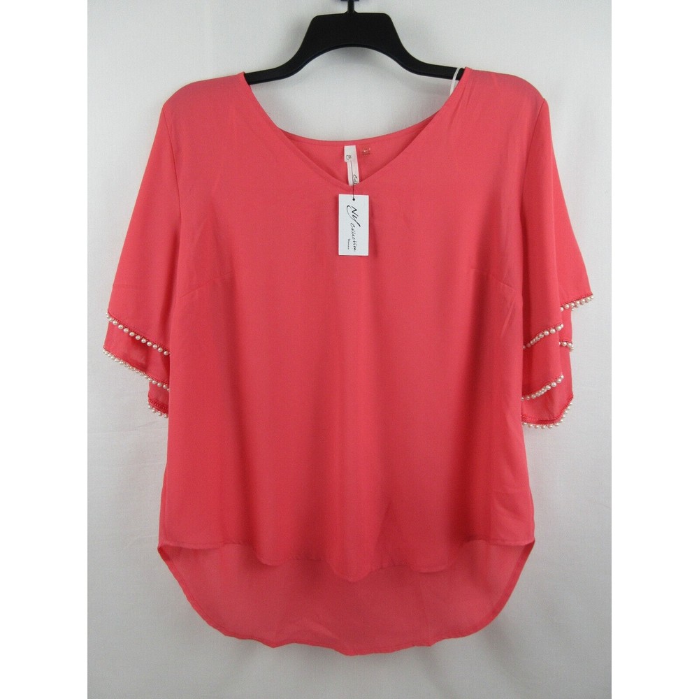 NY Collection V-Neck Top with Pearl Accent Sleeves Size 1X  Color Orange